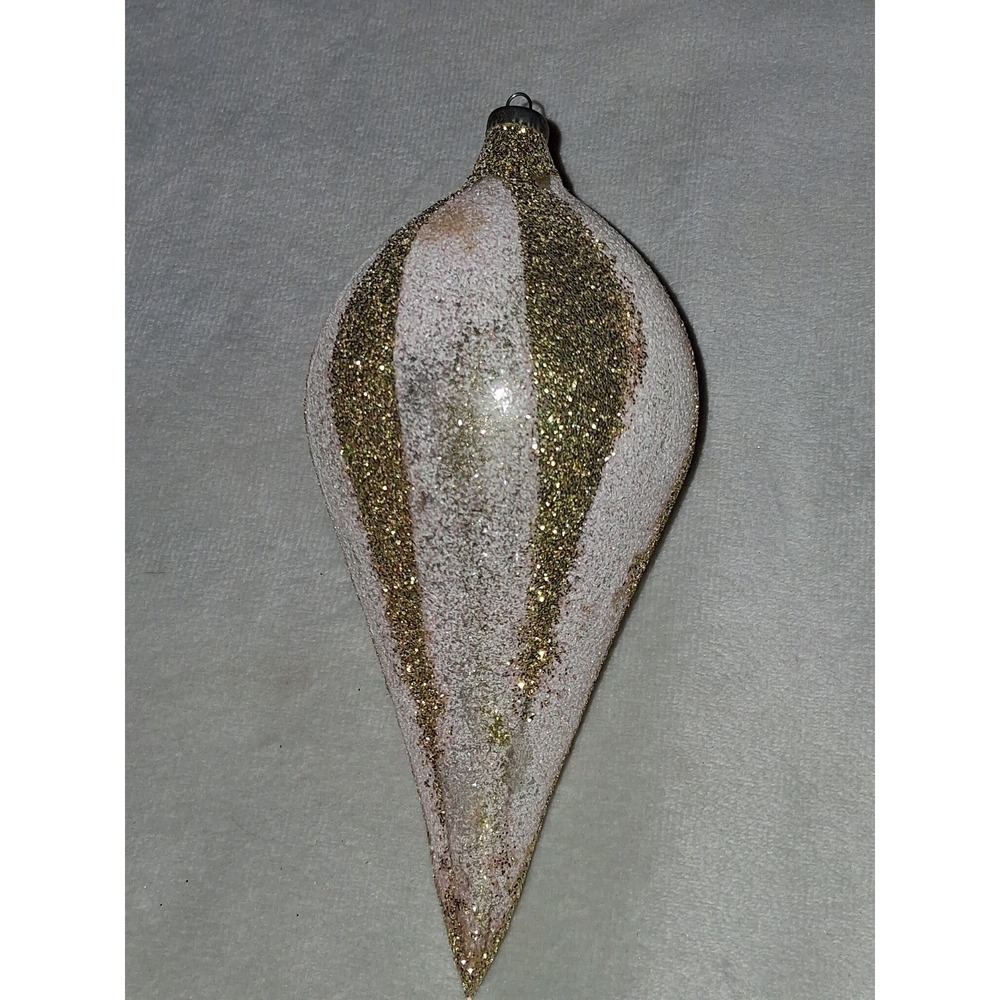 Vintage Italy Glass Christmas Ornament 6.25" Gold Glitter White Mica Teardrop